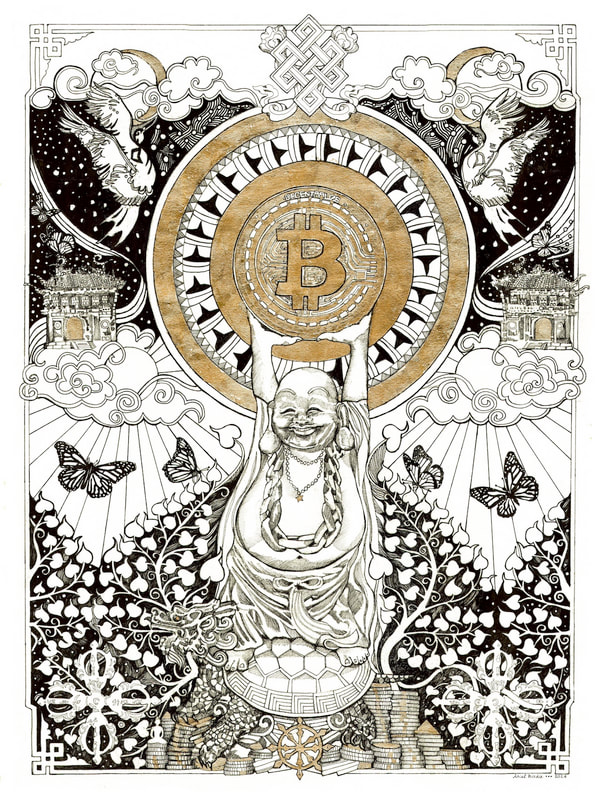 'Bitcoin Buddha' is Laughing and Happy as he stands upon the mythical Dragon-Tortoise HOLDING his Bitcoin up to the Heavens.
Bitcoin Buddha brings Good Luck, Prosperity and Abundance! Bitcoin Buddha is pen drawing on paper, embellished with Gold Leaf gilding, one of the OG pieces from the 'Gods of Bitcoin' series.  OG 18 x 25" Handmade physical artwork,  in private collection.